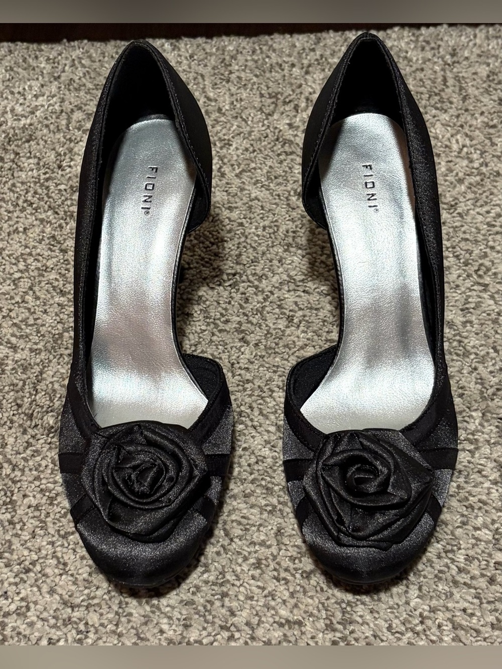 FIONI Clothing Black Satin Heels With Rose Embellishment